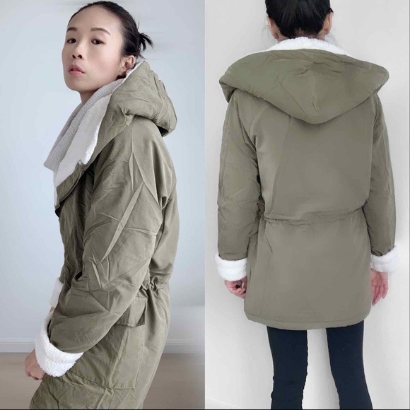 OLIVE FAUX SHEARLING PARKA JACKET - Picture 8 of 11